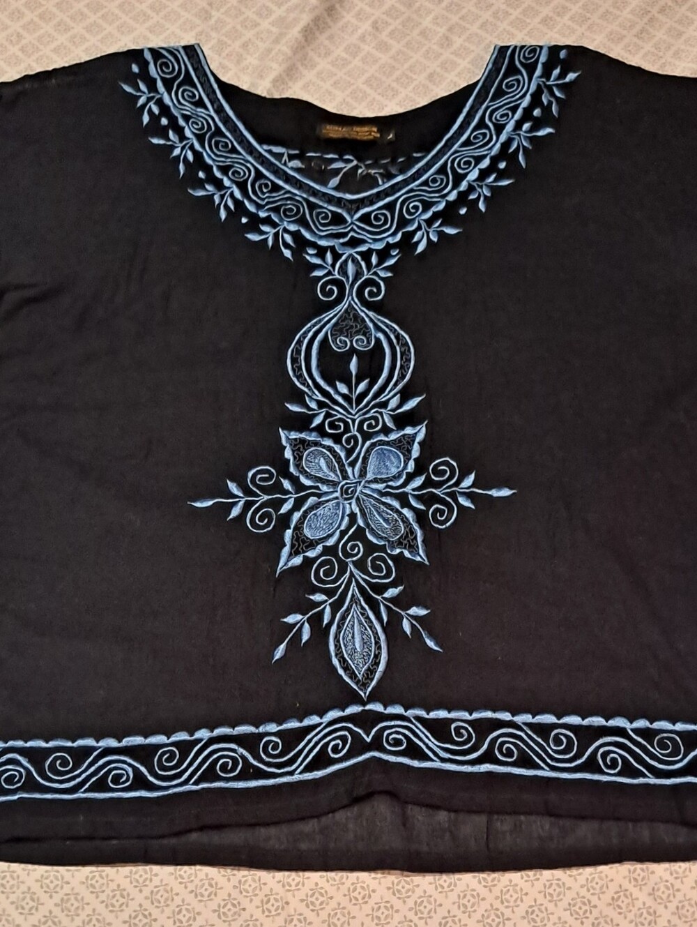 Sumac Design Embroidered Black Women's Tunic Top with Blue Detail Sz L